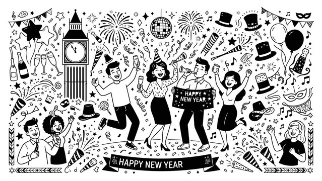 People celebrating during a joyful midnight festival with fireworks and dancing figures drawn by hand for seasonal greeting cards and party flyers featuring festive elements and cheerful crowds