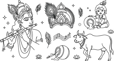 Obraz premium Lord Krishna Indian Hindu Deity Outline Icon Set with Bal Krishna Holy Cow Flute and Matki Elements Vector Illustration