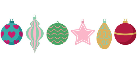 Obraz premium Collection of Festive Christmas Ornament Baubles with Diverse Geometric Patterns and Seasonal Decorations Isolated on White Background