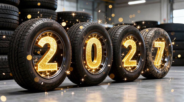 Car tire service. Happy New Year, gold numbers 2027. car dealership, car repair shop, car mechanic. Merry Christmas