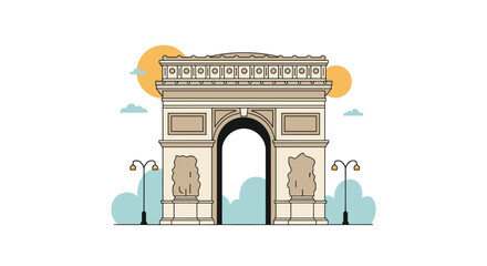 Obraz premium Graphic illustration of the famous Arc of Triomphe monument in Paris, under a sunny sky with street lamps on both sides.