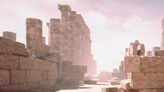 Basking in the glow of a soft pink sky, ancient stone ruins reveal their beauty. Towering columns stand proudly amidst weathered walls, whispering stories of a long lost civilization.