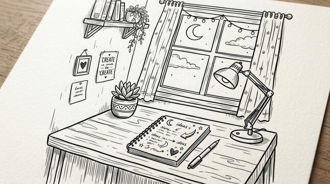 Vintage stacked suitcases and a book in a black and white sketch