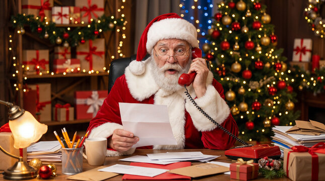 Surprised Santa Claus answering red telephone while reading Christmas letters at festive office desk surrounded by gifts, decorations and illuminated tree.
