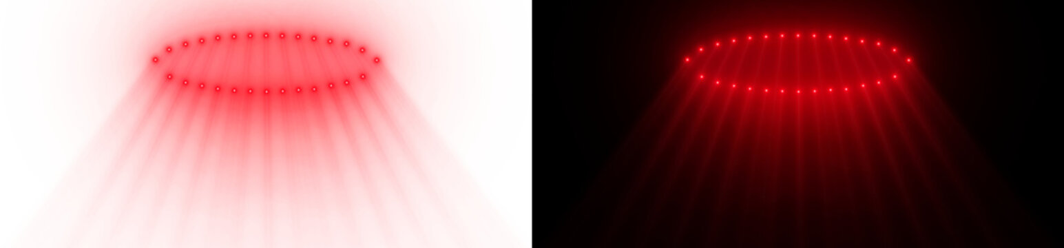 Volumetric red glowing spotlight beams. light ray shining down on transparent background.
