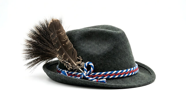 Traditional Alpine Tyrolean hat with feather and tricolor cord isolated on white background