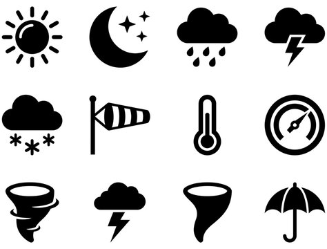 Weather forecast solid black vector icon set containing essential meteorological elements for temperature tracking and prediction.