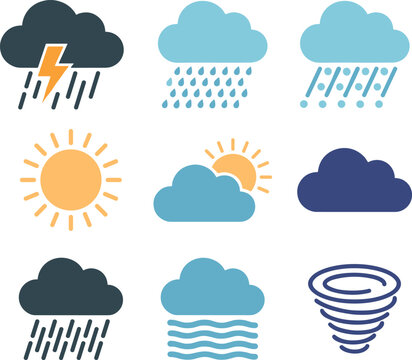Weather Forecast Flat Color Icon Set Pack Featuring Sun Clouds Rain Thunderstorm Sleet Fog and Tornado Symbols for Meteorology App Widgets