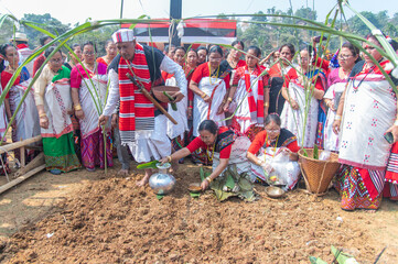 Performing the sacred Lhigang ritual paddy sowing season during the Ali-Aye-Lhigang festival of the Mising community  at Sonaighuli in Guwahati,Assam,India on 19 february 2025. © Kulajit