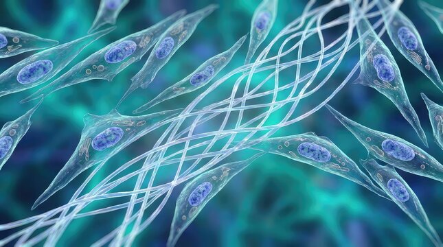 Ultra-realistic scientific visualization of living human connective tissue repairing itself, elongated fibroblast cells positioned around a newly formed extracellular matrix