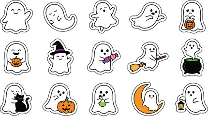 Fototapeta premium Collection of playful cartoon ghost faces with various halloween themed illustrations
