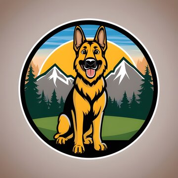German Shepherd dog cartoon illustration in a mountain landscape circle emblem