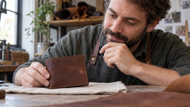 Thoughtful Craftsman Inspecting a Leather Wallet in a Workshop
