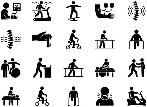 Physical therapy and rehabilitation glyph icons illustrating exercise equipment massage treatments and recovery procedures for health.