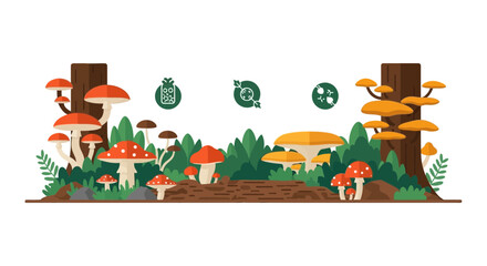 Fototapeta premium Flat Vector Illustration of a Forest Ecosystem with Diverse Mushrooms and Ecological Icons