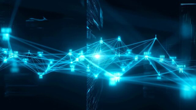 Glowing nodes and connecting lines form a flowing digital network in an abstract technological space. Technology presentations, telecommunications advertising.