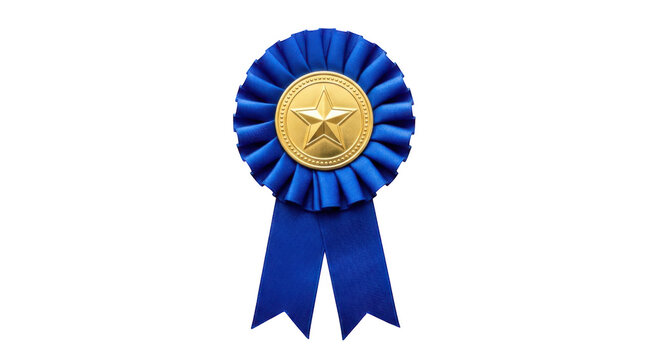 Blue award rosette ribbon with a gold star medal for first place winner isolated on transparent background