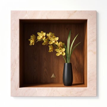 Beautiful yellow orchid flowers in a black vase inside a wooden shadow box frame isolated on white background