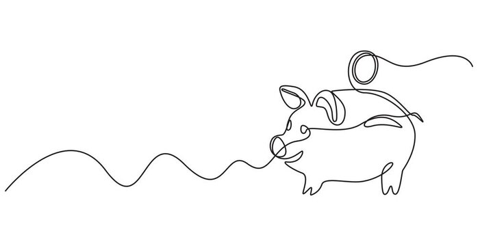 Piggy bank with dollar coin set animation continuous one line drawing, Self drawing simple animation of Piggy bank with dollar coin set. Full length one line animation. Saving money concept, sales in.