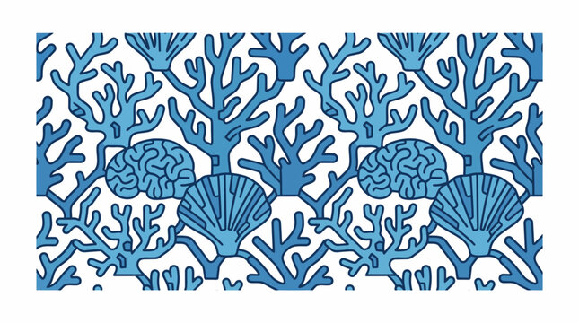 Blue Coral, Seashell and Brain Seamless Pattern on White Background