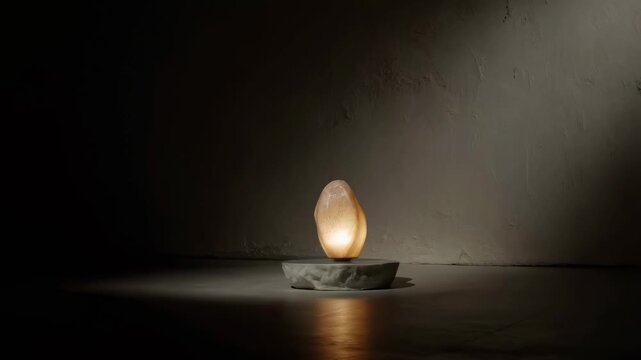 Glowing stone lamp casts warm light across a dark tabletop interior. Ambient lighting advertising, home decor promotion, and meditation content.