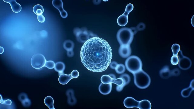 Glowing biological cell floating among molecules in an abstract microscopic environment. Biomedical research presentations, cell biology education, and biotechnology advertising.