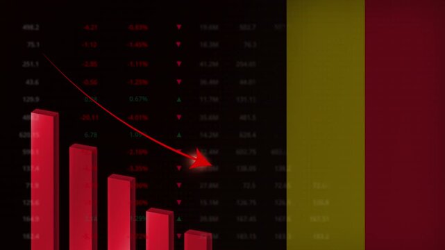 Economic crisis in Belgium.Red falling graph animation with Belgian flag.Stock market crash