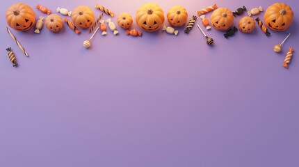 Fototapeta premium Jack o lantern pumpkins and halloween candies on violet background for festive card frame.