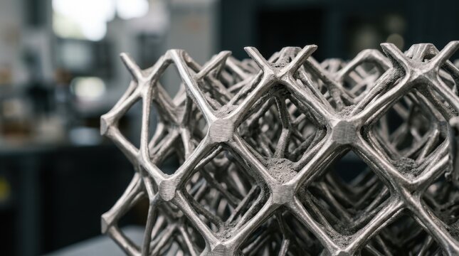 Printed titanium lattice with strut geometry and powder residue on brushed metallic surface.