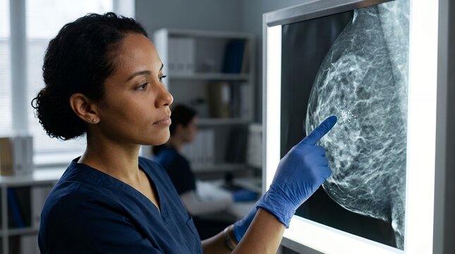 Radiologist examining mammogram scan for breast cancer detection in a medical clinic.