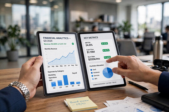 Business Analytics on Foldable Tablet Device, Financial Data Analysis on Dual-Screen Tablet, Business Person Analyzing Financial Data on Dual-Screen Tablet