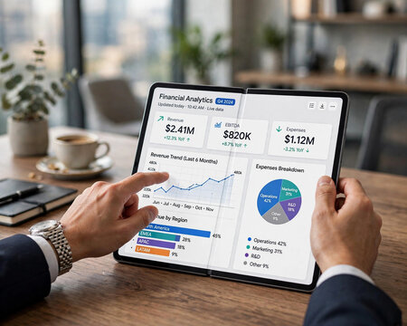 Business Analytics on Foldable Tablet Device, Financial Data Analysis on Dual-Screen Tablet, Business Person Analyzing Financial Data on Dual-Screen Tablet