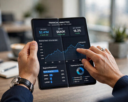Business Analytics on Foldable Tablet Device, Financial Data Analysis on Dual-Screen Tablet, Business Person Analyzing Financial Data on Dual-Screen Tablet