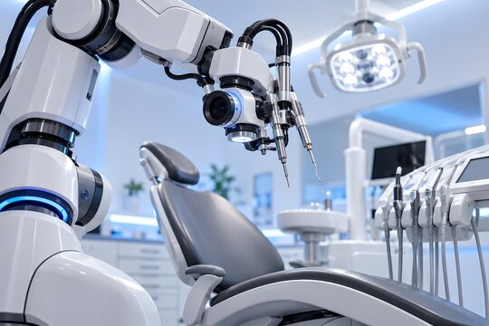 Advanced robotic dental surgery system with precision microscope, articulated instrument arms and modern treatment chair in a clean clinical technology room, illuminated by cool blue lighting.