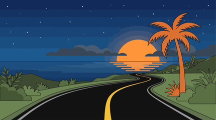 Obraz premium coastal road trip landscape at sunset with palm tree and ocean