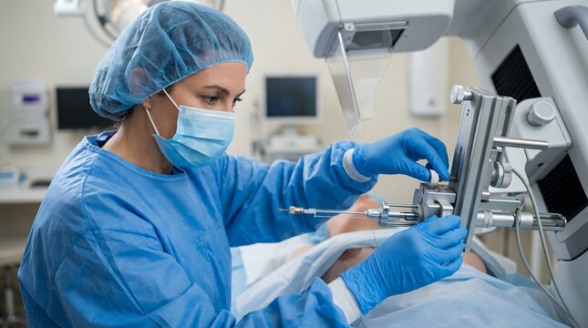 Surgeon performing stereotactic breast biopsy procedure using advanced mammography equipment.