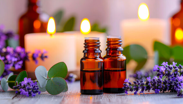 Essential Oil Bottles with Lavender and Eucalyptus and Candles