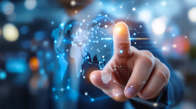 Person Interacting with World Map Interface