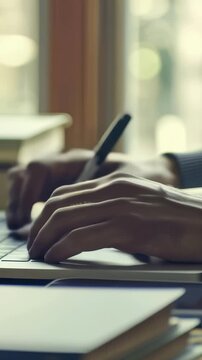 A person is multitasking, using a laptop and notebook. They may be working from home or the office, focused on technology, productivity, writing, remote work, learning, or a side hustle.
