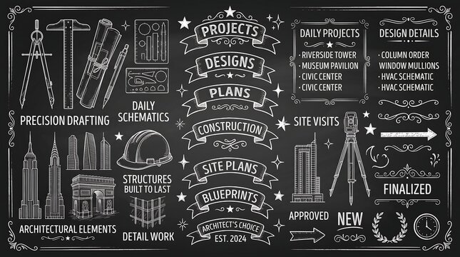 Vintage architectural chalkboard sketches, hand-drawn blueprint design elements, construction and drafting icons on black board