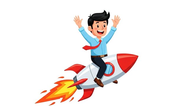 Business startup and rapid company growth vector illustration. Businessman character riding a rocket with fiery exhaust and cheering with hands raised. Colorful flat design asset for corporate success