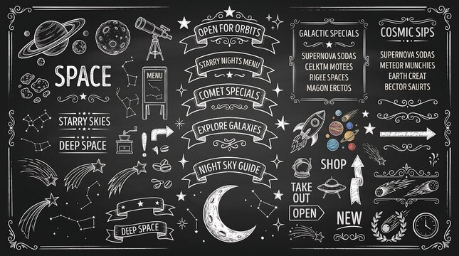 Chalkboard space menu elements, hand drawn cosmic illustrations on black board, vintage galaxy icons and astronomy banners for cafe signage