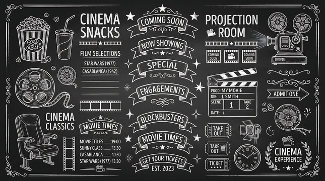 Vintage cinema chalkboard illustrations, hand-drawn movie theater icons and banners, retro film snack and projector graphics