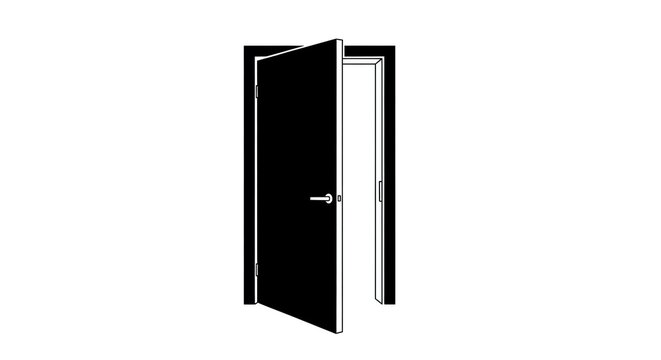 Open door icon symbol and graphic element. Black and white vector illustration showing a half open doorway with handle and frame. Minimalist sign for architecture and exit navigation concepts