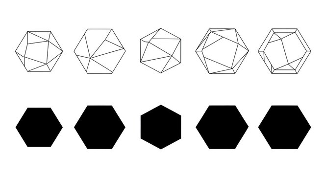 Geometric polyhedra and solid hex shapes. Line art polygon wireframes and black hexagons. Digital architecture and mathematical concept art for modern design projects and websites