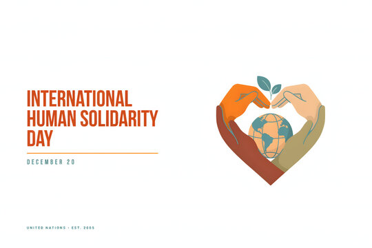 International human solidarity day with an of diverse hands creating a heart shape around a globe with a small green sprout