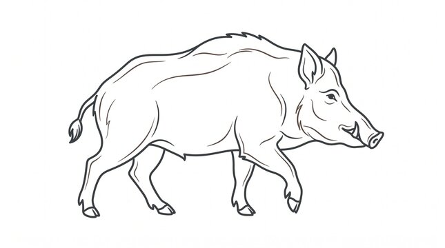 Line art illustration of a wild boar standing, isolated on a white background.