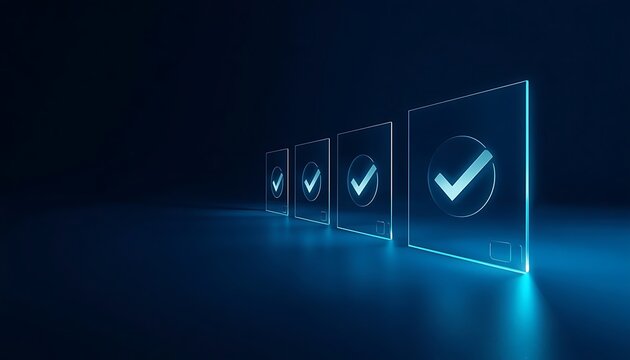 Minimalist digital checkmark glass panels aligned on dark background.