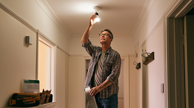 Man replacing ceiling light bulb in hallway
