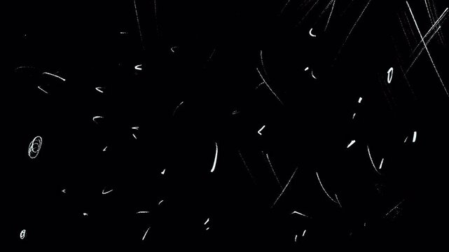White scratches, dots and stripes on a black screen.